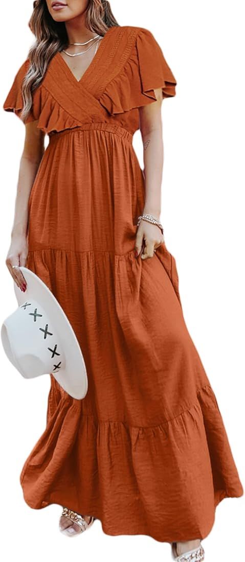 BerryGo Women's Boho V Neck Ruffle Wrap Maxi Dress Casual Tiered Summer Swing Dress | Amazon (US)