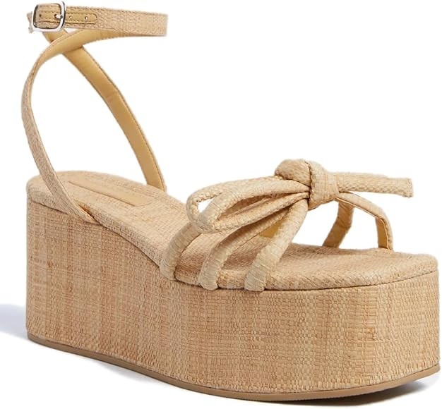 Raffia Platform Sandals for Women,Bow Ankle Strappy Espadrille Wedges Sandals Comfortable Square ... | Amazon (US)