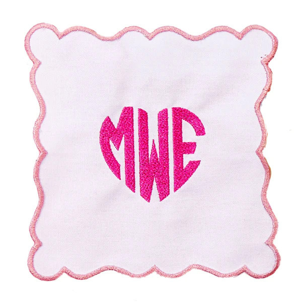 Embroidered Heart Monogram Scalloped Cocktail Napkins (Set of 4) | Sprinkled With Pink