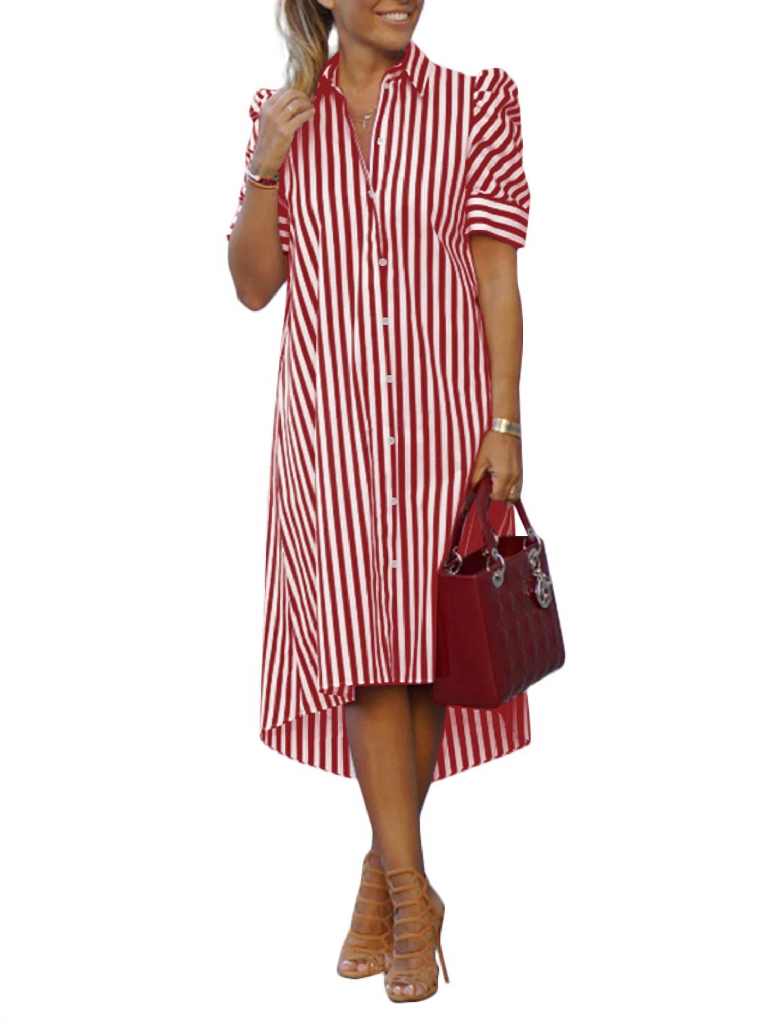 ZANZEA Women Casual Stripe Printed High Low Short Sleeve Shirt Dress | Walmart (US)