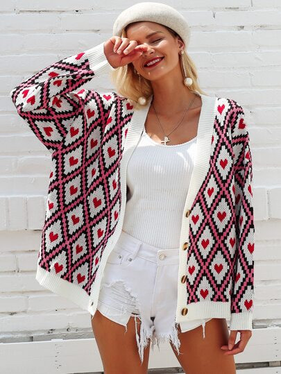 Simplee Button Front Heart & Argyle Cardigan | SHEIN