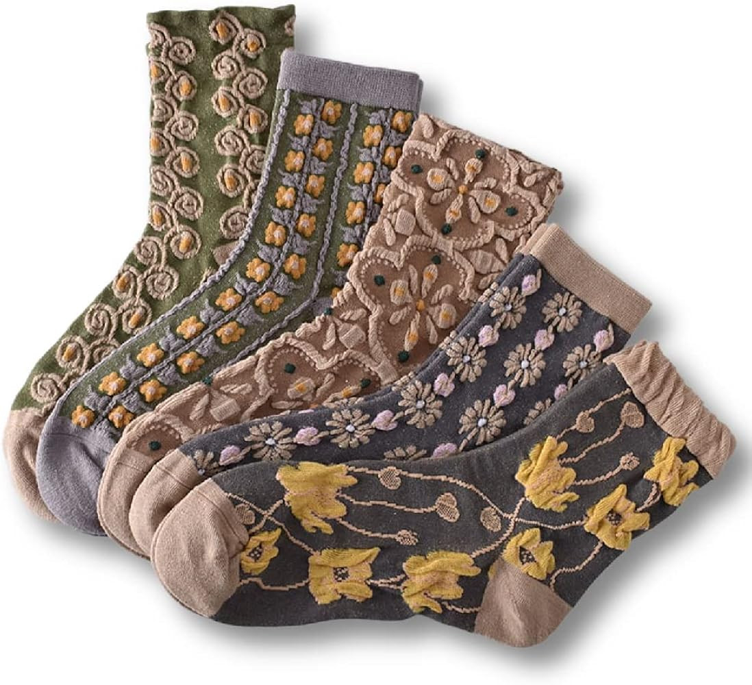 Women Vintage Pink Floral Patterned Cute Ruffle Cotton Ankle Socks 5 Pairs | Amazon (US)