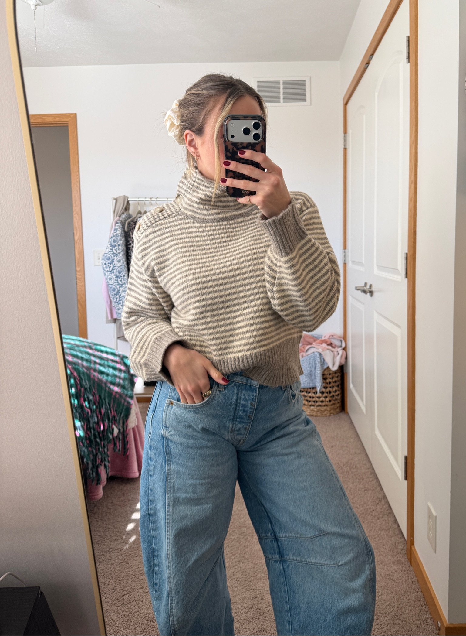 cozy winter fit 🌦️🌦️ Free People Barrel Leg Jeans, Target Sweater, Oversized Scrunchie | Short Girl Style 

#LTKfindsunder100 #LTKstyletip #LTKSeasonal