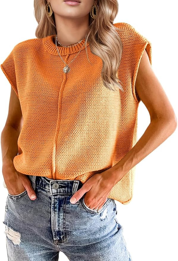 Womens Cap Sleeve Tops 2025 Trendy Tank Top Loose Knit Sweater Vests Cute Shirts Outfits Spring F... | Amazon (US)