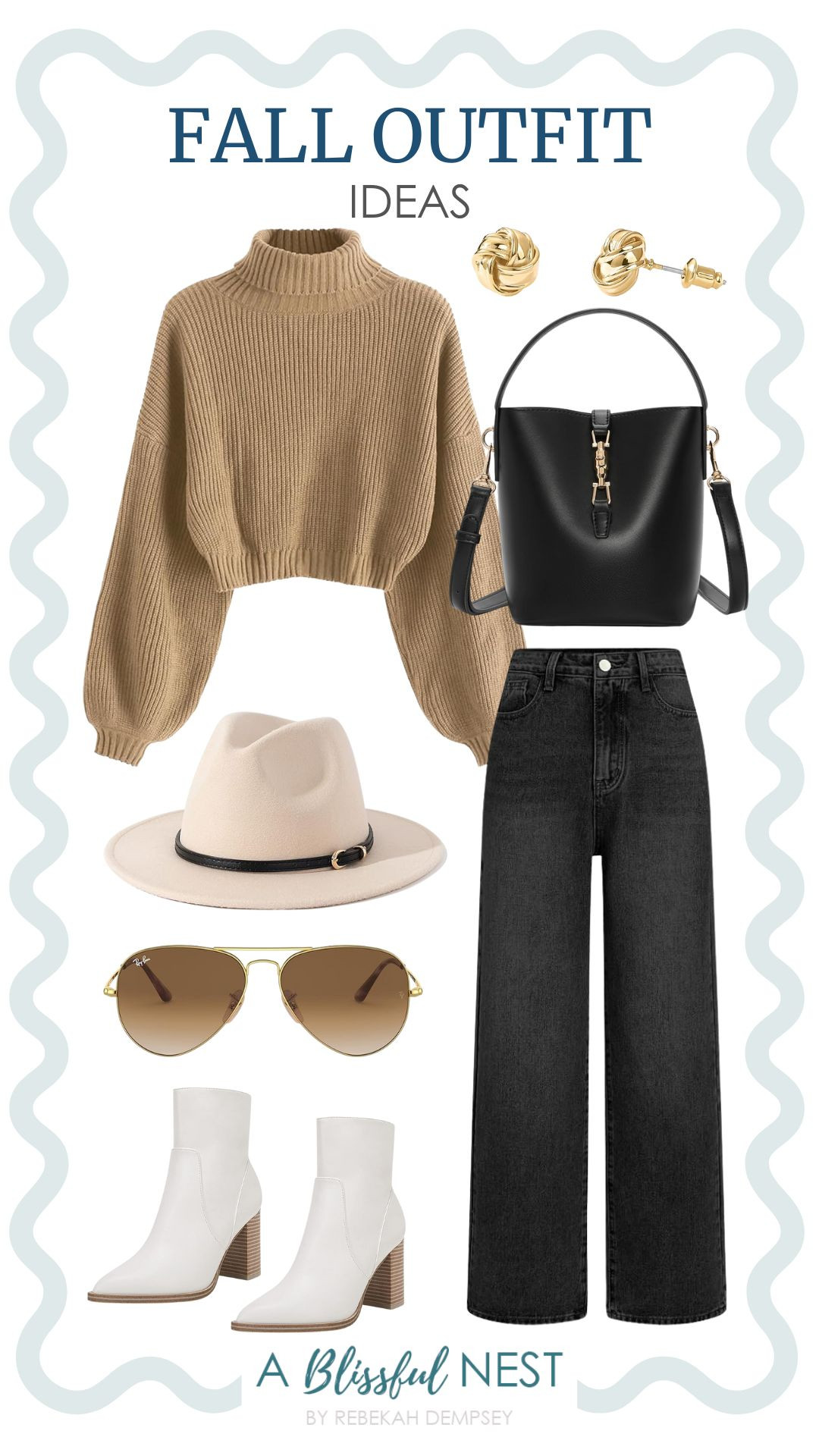 The kind of fall outfits you'll keep reaching for. Tap to shop.

Aviator metal sunglasses, gold-plated love knot stud earrings, classic felt fedora wide-brim hat, chunky faux leather ankle booties, black bucket bag, black wide-leg jeans, tan cropped turtleneck sweater 

 #LTKootd #LTKSeasonal #LTKMidsize