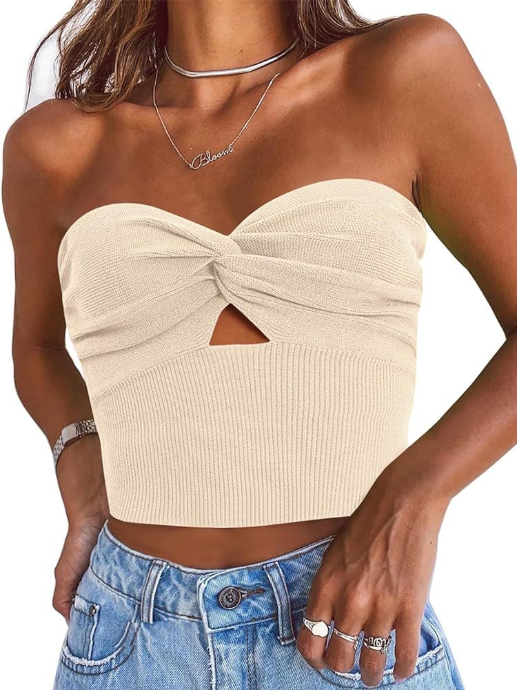 EFAN Womens Tube Tops Going Out Cut Out Twist Knot Front Bandeau Ribbed Knit Y2K Strapless Tank B... | Amazon (US)