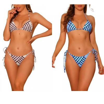 INSPIRE CHIC Women's Triangle Halter High Cut Tie Side Plaid Print String Bikini Swimsuits Bathing Suits 2 Sets Blue, Skin Color X-Small | Target