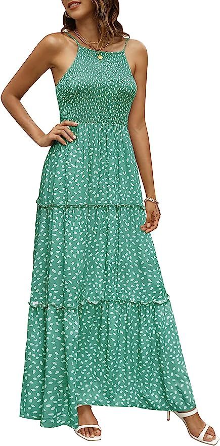 Zattcas Womens Summer Sleeveless Floral Print Tiered Ruffle Long Maxi Dress | Amazon (US)