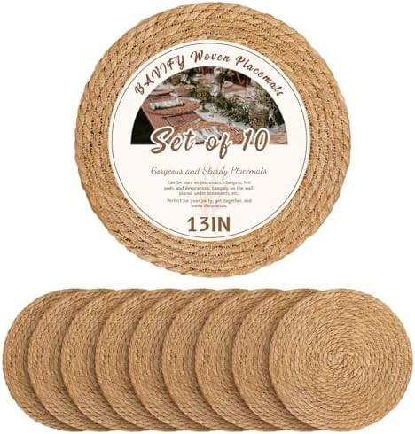 13 in Round Woven Placemats Plate Chargers Set of 10, Boho Farmhouse Rustic Woven Place Mats for ... | Amazon (US)