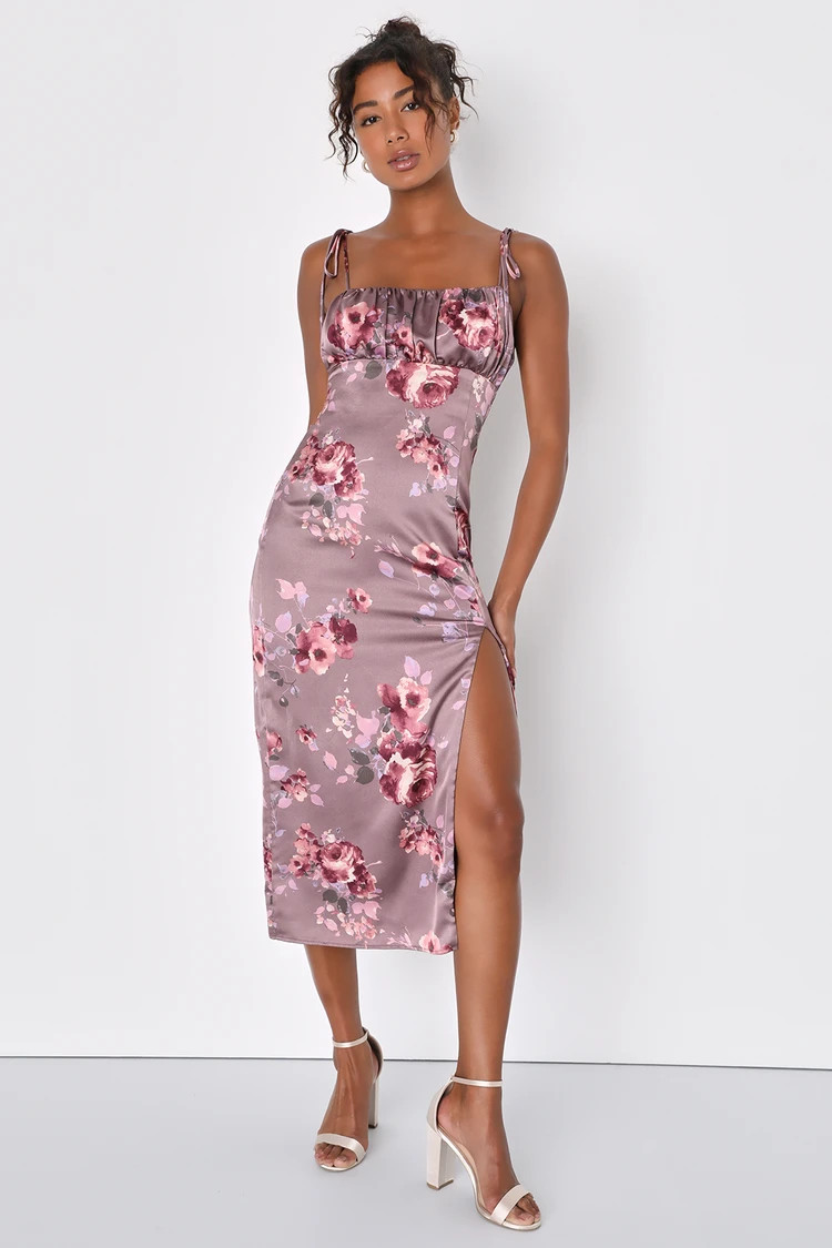 Fleur-ty Behavior Mauve Floral Satin Tie-Strap Midi Dress | Lulus
