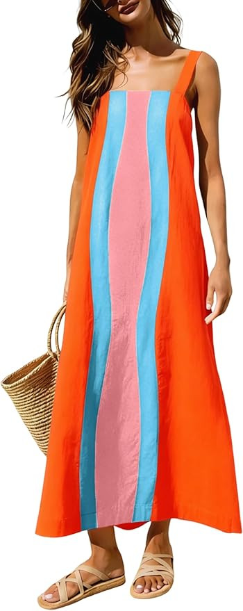 Ailoqing 2026 Women Boho Floral Dress Summer Casual Color Block Maxi Beach Vocation Overall Dress... | Amazon (US)