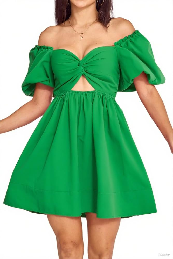 Women's Summer Puff Sleeve Dresses Boho Vacation Off Shoulder Twist Front Cut Out V Neck Sundress... | Amazon (US)