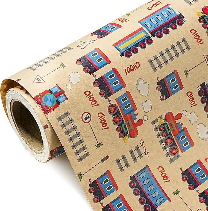 WRAPAHOLIC Kraft Train Wrapping Paper Roll - Mini Roll - 17 Inch x 16.5 Feet - Vintage Trains Tra... | Amazon (US)