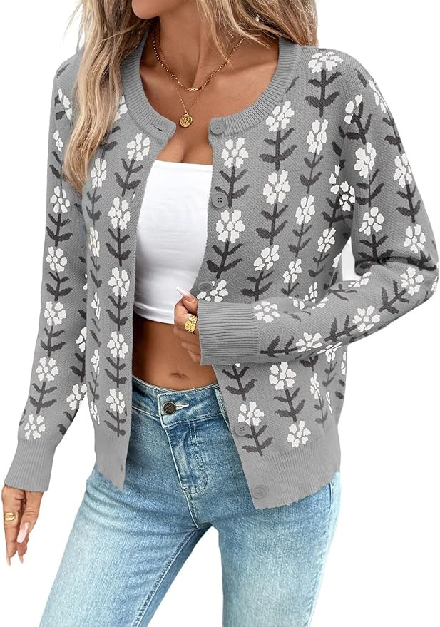 Sidefeel Women's Button Down Cardigan Sweater Long Sleeve Cute Floral Printed Cropped Sweater Coa... | Amazon (US)
