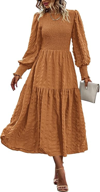 PRETTYGARDEN Women 2024 Puff Long Sleeve Crewneck Smocked Maxi Dress Solid Empire Waist Tiered A-... | Amazon (US)