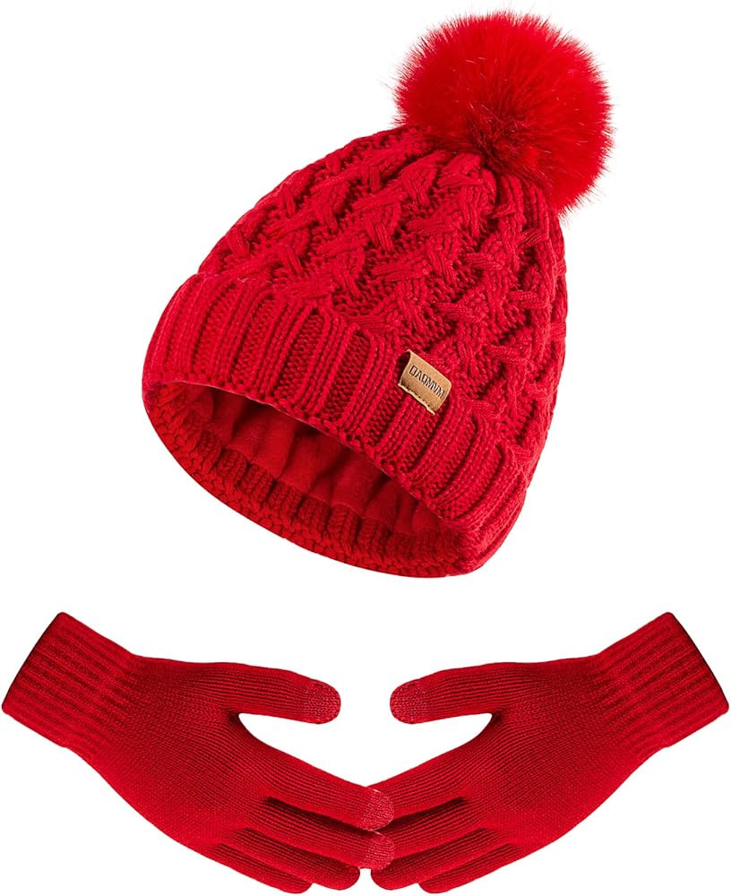 Women Winter Beanie Hat Gloves Set Pom Hat with Warm Fleece Lined Touchscreen Gloves for Cold Wea... | Amazon (US)