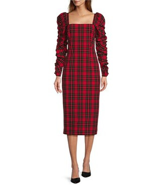 Antonio Melani Elena Plaid Square Neck Long Ruched Sleeve Dress | Dillard's | Dillard's