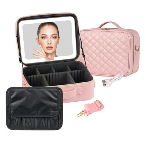 BEAUTY CASE Makeup Bag with Led Mirror, 12 Inch Portable Travel Cosmetic Organizer Case with Adjustable Dividers, USB Charging, Large Capacity, Ideal for Travel, Gift for Women Girls, Pink | Amazon (US)