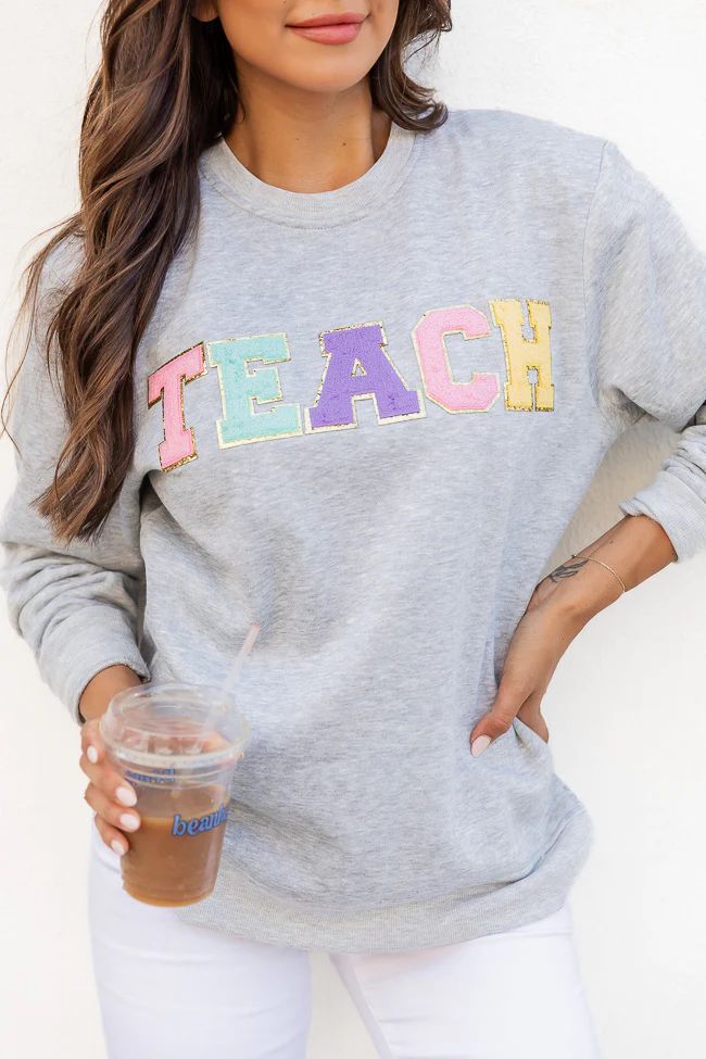 Teach Chenile Patch Fleece Grey Graphic Sweatshirt | Pink Lily