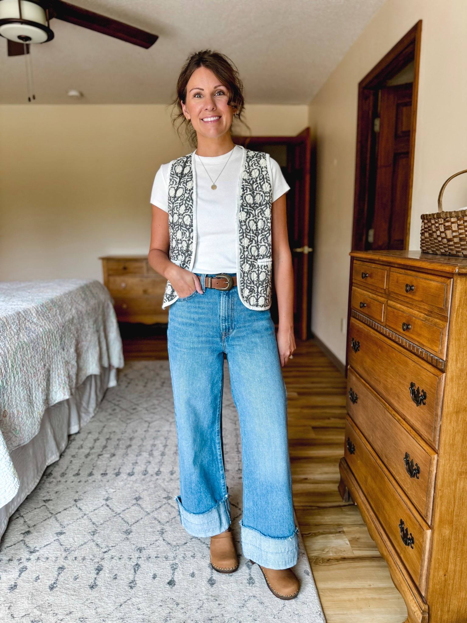 Wearing size small in my tee, medium in my vest (small would work too), 25 in my Levi’s (I cuffed them myself an also linked some similar jeans) and my true size in my clogs 

#LTKPetite #LTKSeasonal #LTKFindsUnder100