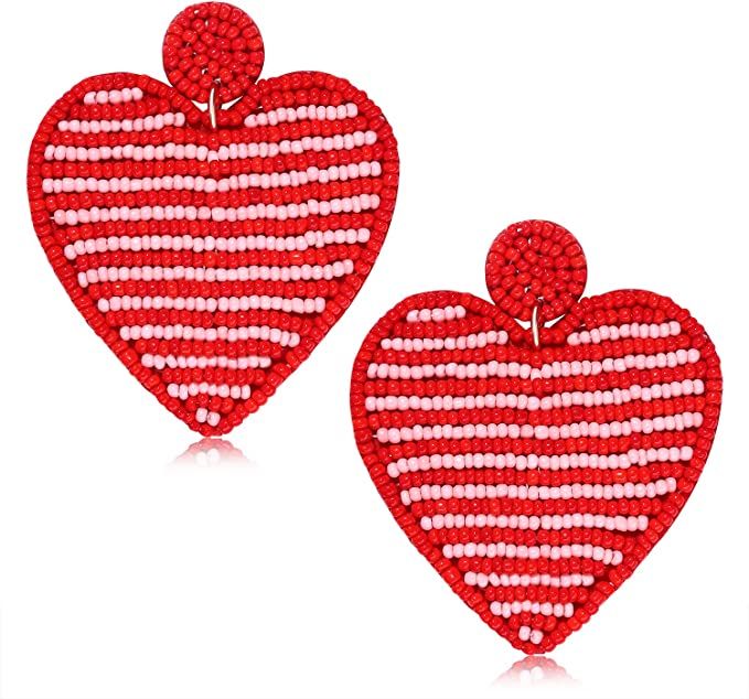 Valentine's Day Earrings Beaded Striped Heart Drop Earrings In Hot Pink And Red Fashion Simplicit... | Amazon (US)