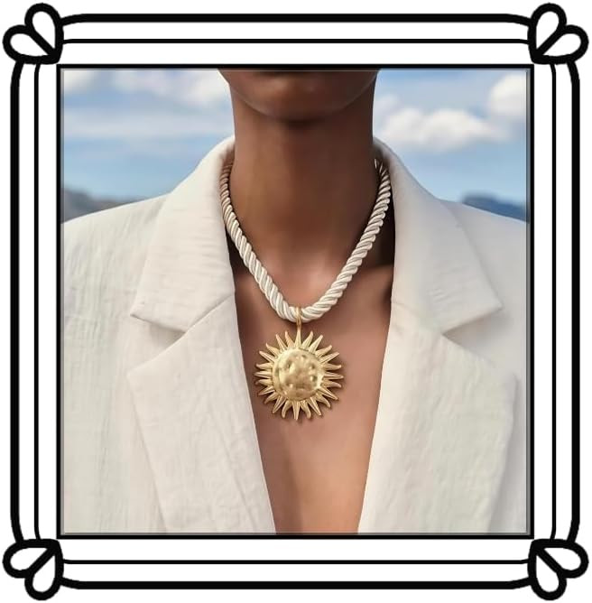 Exquisite Gold Sun Pendant Beige Rope Necklace - Retro Round Coin Necklace - Ladies | Amazon (US)