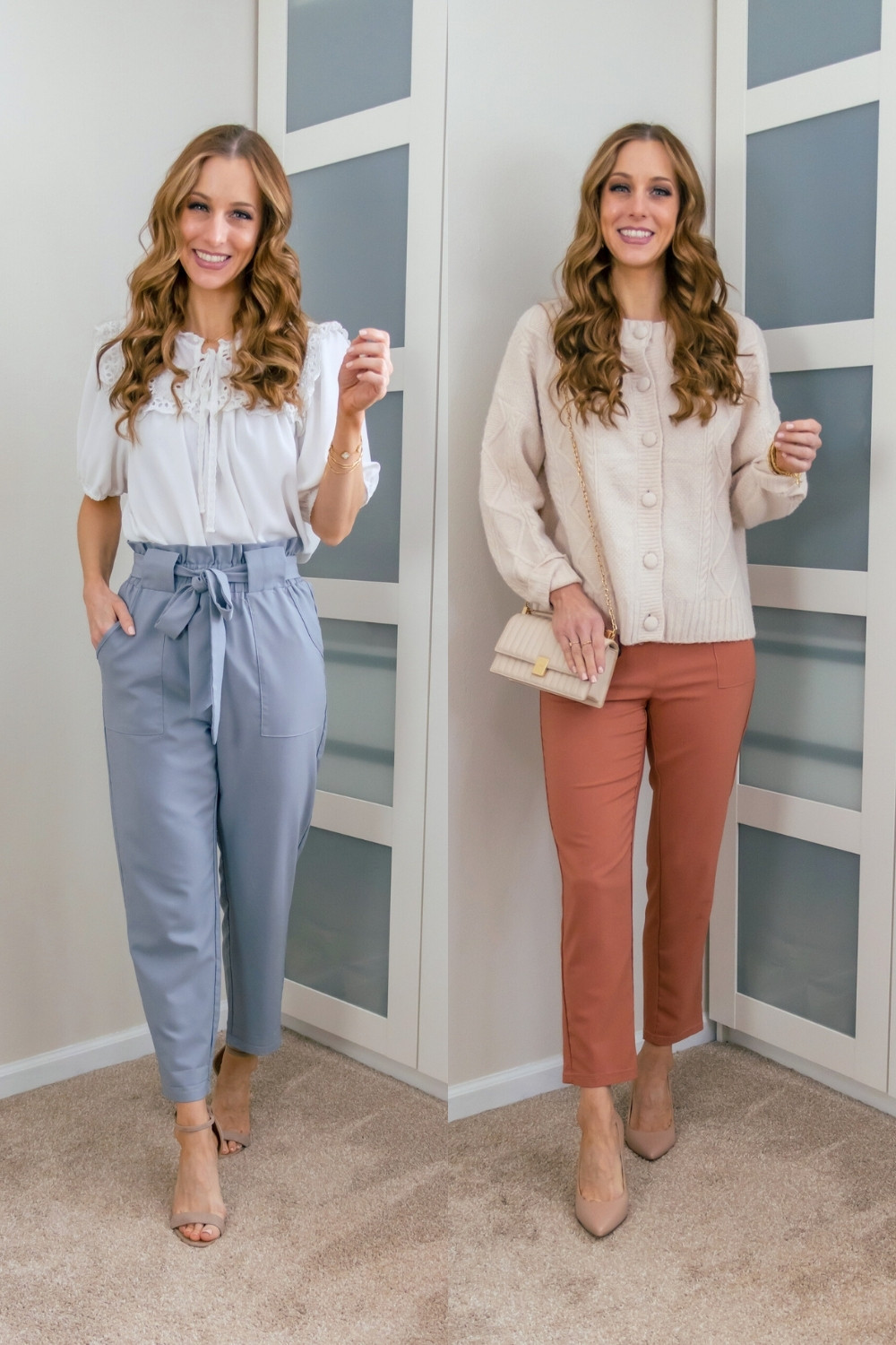 A couple ways to wear paper bag pants for spring. 
I'm in a size medium in the gray color option in the pants on the left. I'm in a size small in the apricot color in the pair on the right. 
I'm in a size medium in both the eyelet top and the sweater.
 

 #LTKSeasonal #LTKOver40 #LTKWorkwear