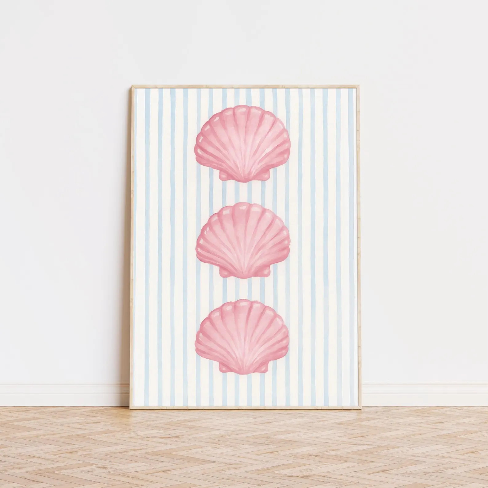 Pink Sea Shells Striped Print, Girly Beach Print, Coastal Print, Trendy Prints, Preppy Room Decor... | Etsy (Global)
