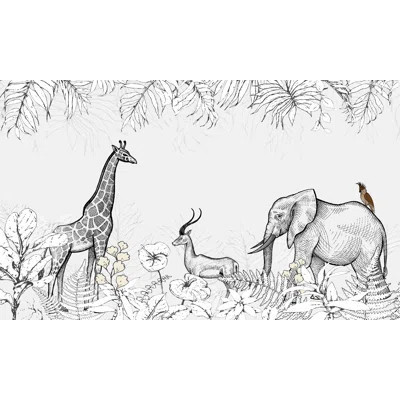 Safari Animals Wallpaper Black and White Mural | Wayfair North America