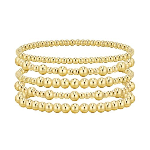 adoyi Gold Bracelets for Women Beaded Bracelet 14K Gold Plated Bracelet Stack Strand Stretch Bead Ball Bracelet Set Stackable Bracelet Adjustable Bracelet Set Jewelry for Gifts 7.25 inches | Amazon (US)