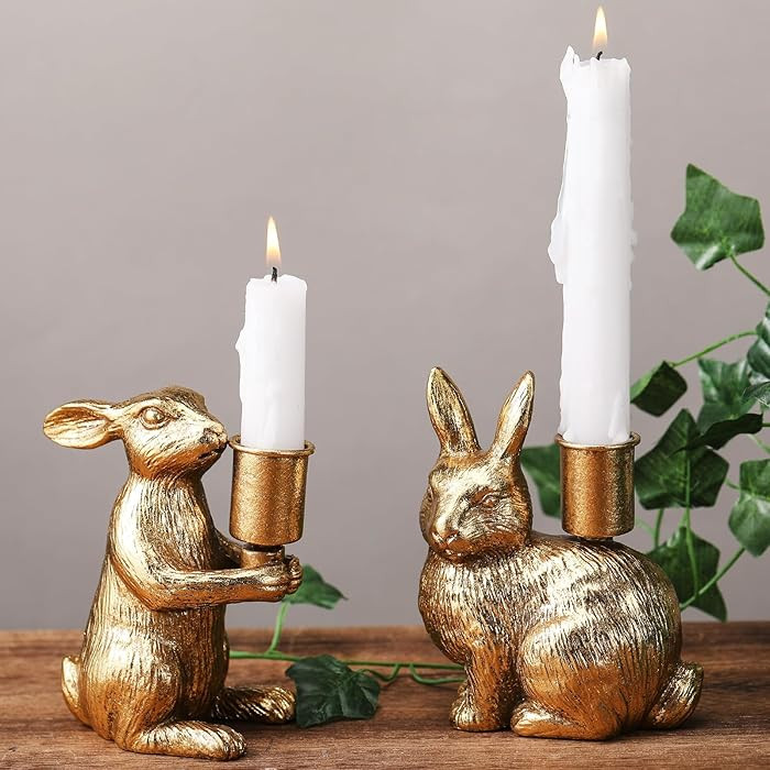 Sliner 2 Set Easter Bunny Candle Holders Rabbit Gold Taper Decorations, Vintage Rustic Candlestic... | Amazon (US)