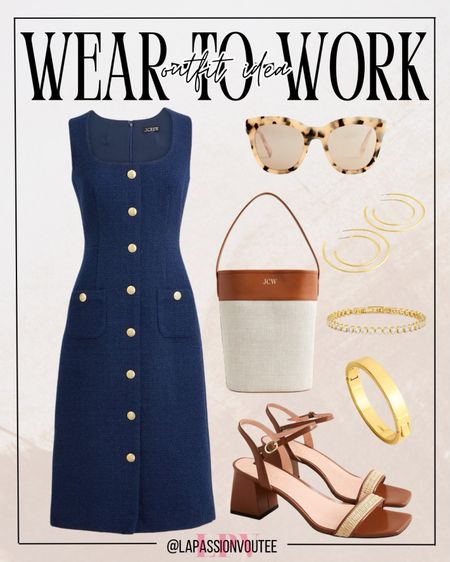 Effortlessly elegant with a hint of retro charm. Embrace sophistication in a tweed sleeveless midi dress paired with classic hoop earrings and a delicate bracelet. Elevate the look with stylish sunglasses, a trendy bucket bag, and chic ankle-strap heels for a timeless ensemble that exudes refined sophistication.

#LTKworkwear #LTKSeasonal #LTKstyletip