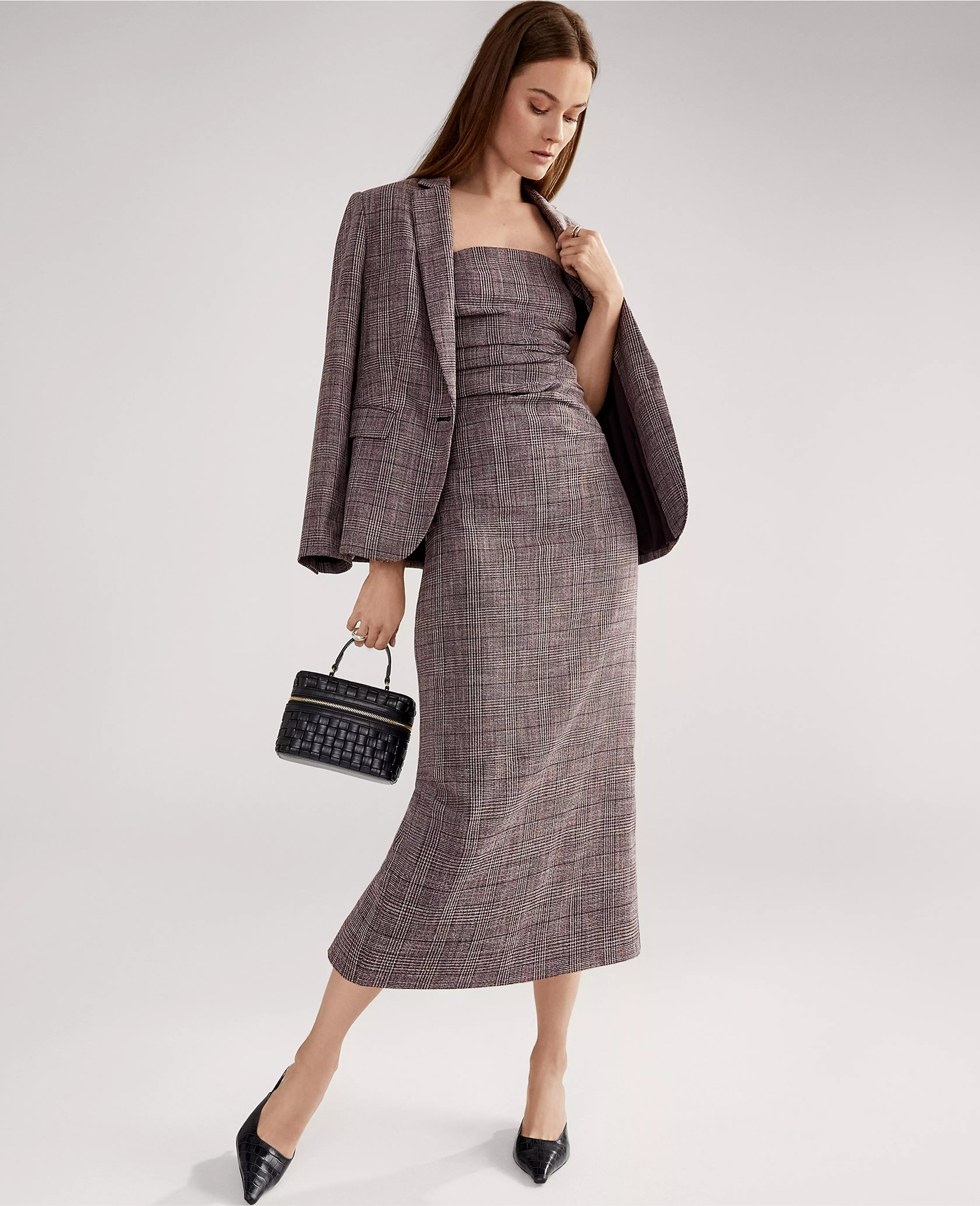 Petite Gathered Strapless Midi Dress in Plaid | Ann Taylor