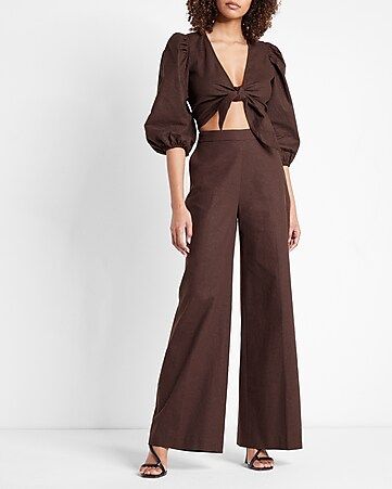 Two Piece Set: Linen-blend Tie Front Top + Wide Leg Pant | Express