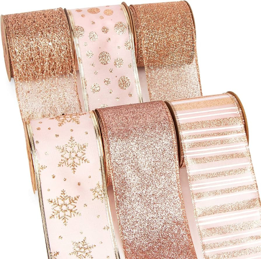 Ribbli Christmas Ribbon Wired Rose Gold Christmas Tree Ribbon Glitter Christmas Wired Ribbons for... | Amazon (US)