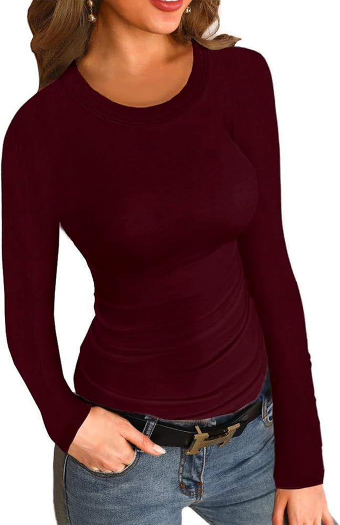 Womens Ribbed Long Sleeve Shirts Tops Fitted Tshirts Basic Slim Fit Tight Tee Shirt Fall Going Ou... | Amazon (US)