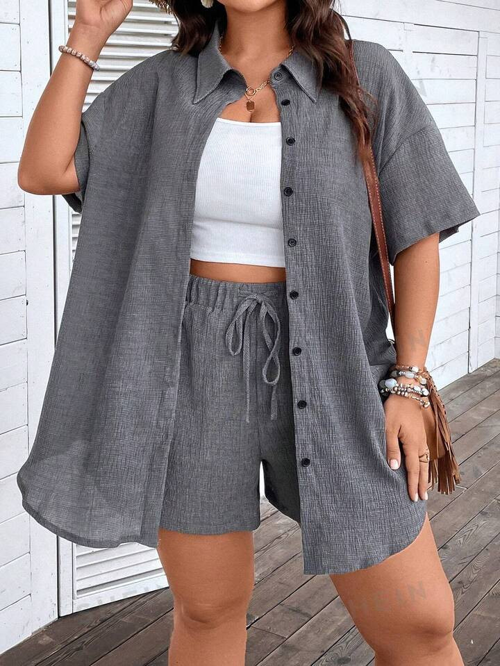 SHEIN LUNE Plus Drop Shoulder Shirt & Knot Front Shorts | SHEIN