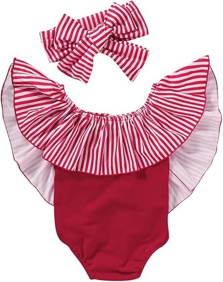 Toddler Baby Girl Bikini Set Stripe Beach Swimsuit Ruffle Two Piece Swimwear with Headband Bathin... | Amazon (US)