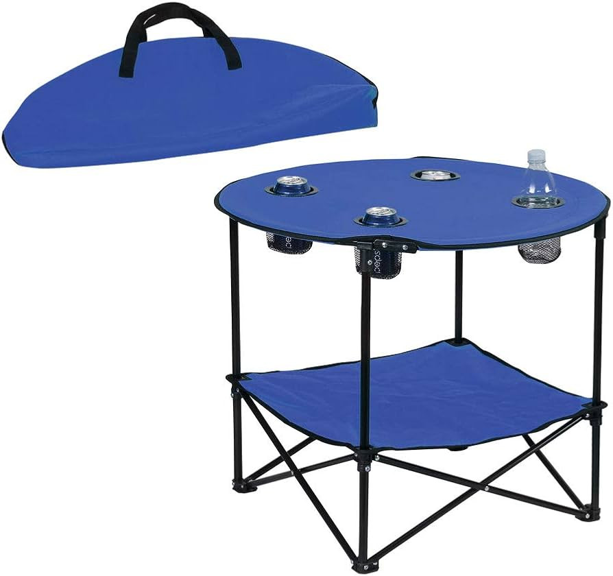 Preferred Nation | 2 Tier Folding Camping Table with 4 Mesh Cup Holders Blue | Polyester with Met... | Amazon (US)