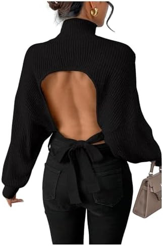 GORGLITTER Women's Open Back Sweater Cropped Backless Bow Long Sleeve Mock Neck Pullover Top Fall... | Amazon (US)