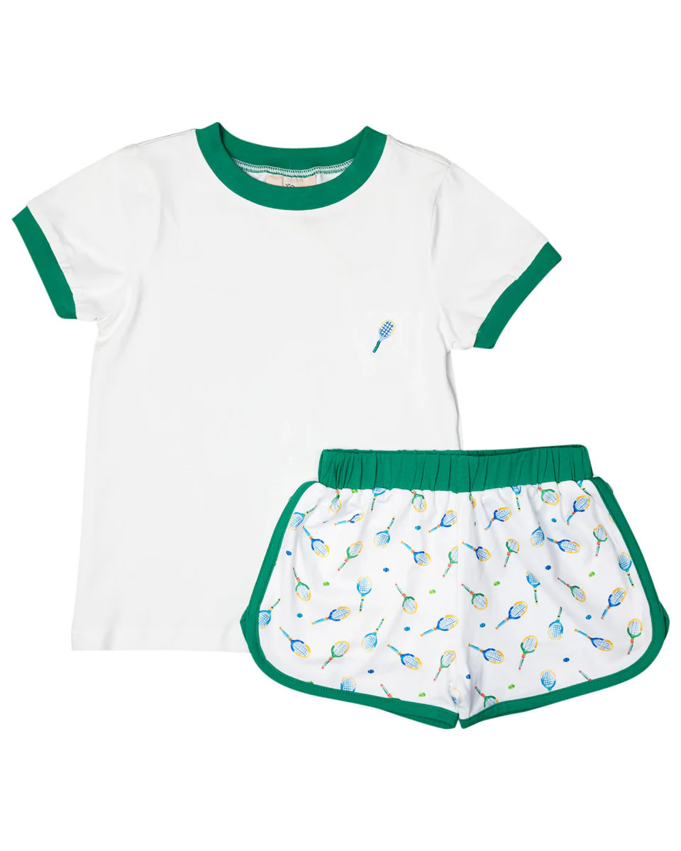 Tennis Print Knit Shorts Set with Green Trim | Smockingbird Kids