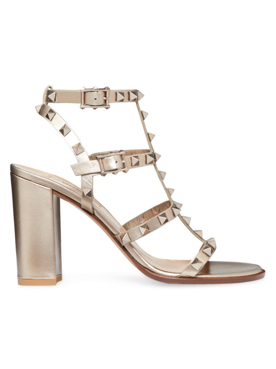 Rockstud Metallic Calfskin Leather Ankle Strap Sandals 90 MM | Saks Fifth Avenue