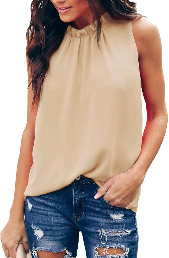 Allimy Women Summer Ruffle Trim Neckline Tank Tops Double Lined Chiifon Blouses | Amazon (US)
