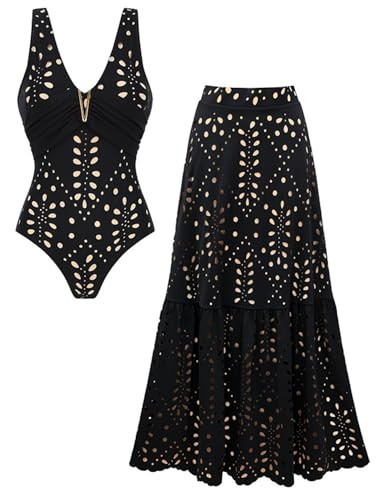 FLAXMAKER Solid One Piece V Neck Laser Cutting Flower Swimsuit and Skirt(Black M) | Amazon (US)