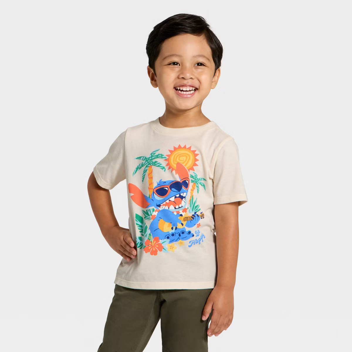 Toddler Boys' Lilo & Stitch 'Be Happy' Printed T-Shirt - Off-White | Target