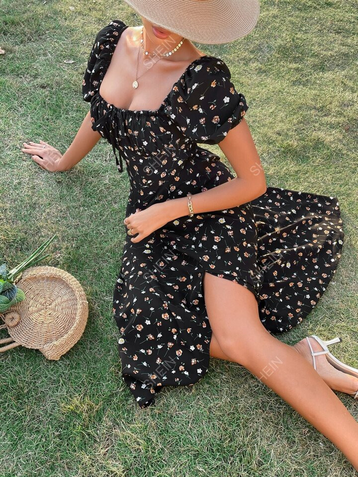 -19%SHEIN Frenchy Allover Floral Print Tie Front Shirred Back Slit Thigh Cami Dress300+ sold rece... | SHEIN