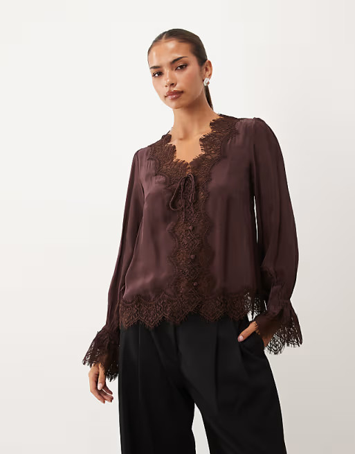 Nobody's Child Wilde satin lace detail tie bust long sleeve blouse in chocolate | ASOS (Global)