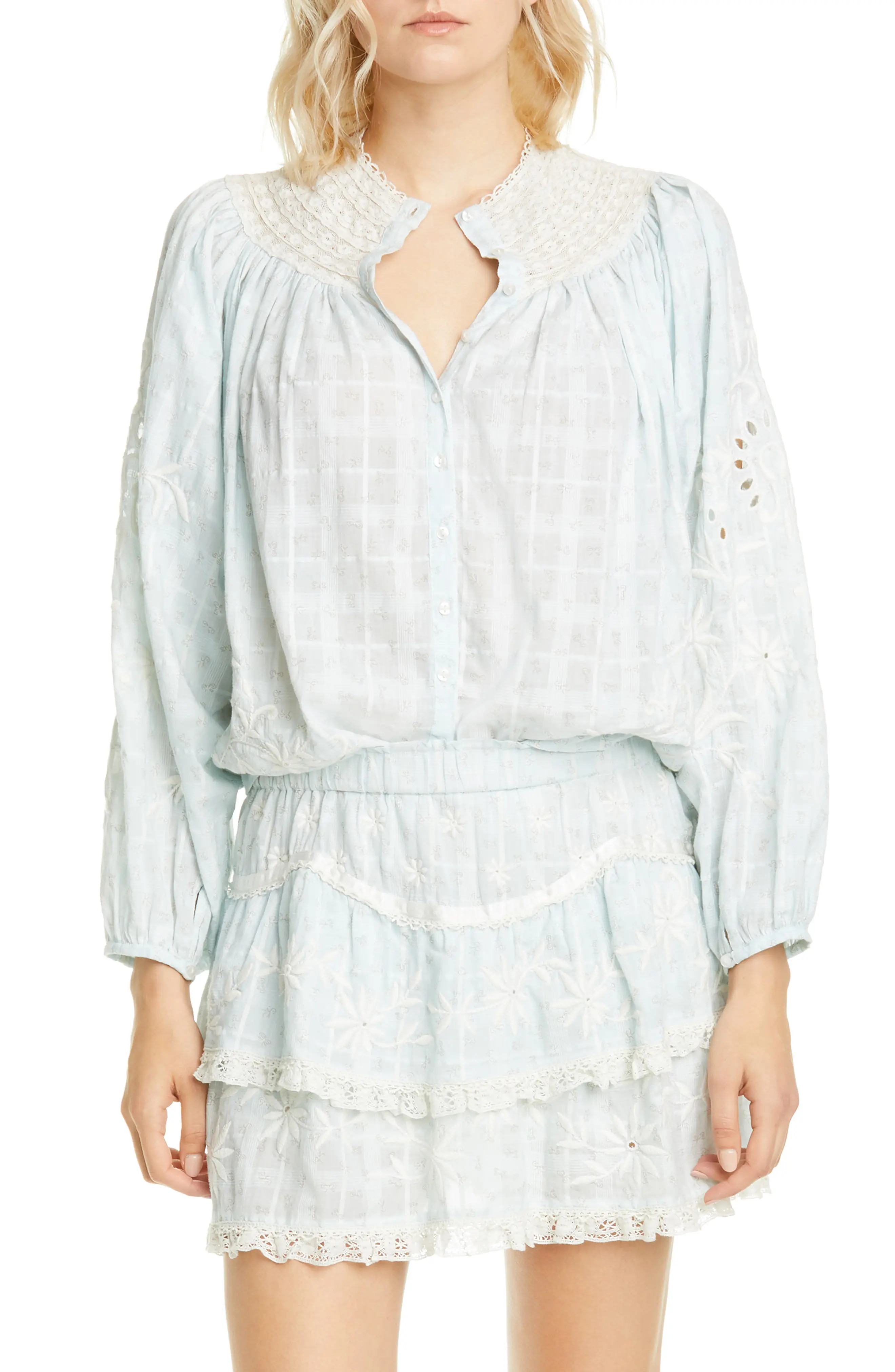 Women's Loveshackfancy Tommy Reversible Cotton Top, Size Large - Blue | Nordstrom