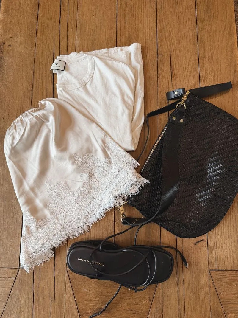 Silk and Lace shorts and a boyfriend tee with strappy sandals and crossbody bag 

 #LTKootd