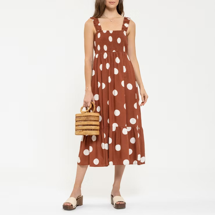 August Sky Women's Polka Dot Midi Dress RDM2001-B_Brown Multi_Medium | Target